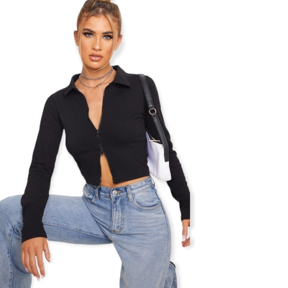 Black Jumbo Rib Collar Double Zip Top - Picture 3 of 5